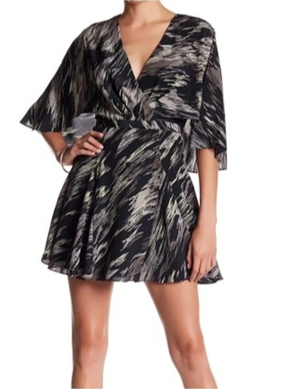 Halston Black Abstract Print V-Neck Dress